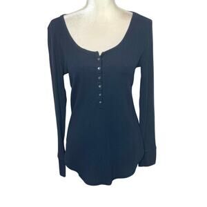 ABERCROMBIE & FITCH Y2K Bella Swan Ribbed Knit Henley Top Navy Large